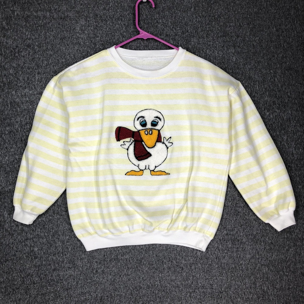 Vintage Sweatshirt Latch Hook Cartoon Duck Womens Size M Yellow & White Stripe